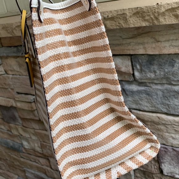 Authentic KATE SPADE Leather/stripe thick canvas zip top closure tote with charm - Picture 9 of 12